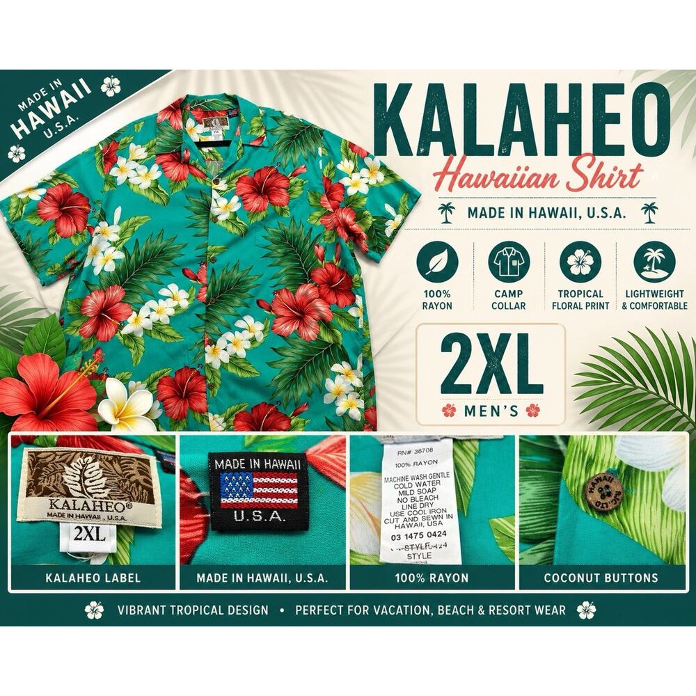 Kalaheo Hawaiian Shirt Men’s 2XL Blue Floral Rayon Aloha Camp Collar USA